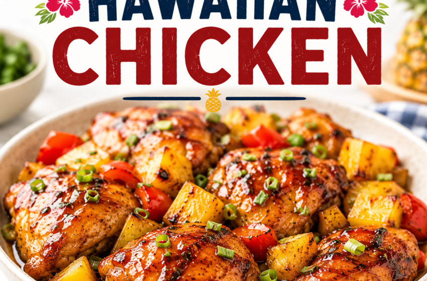 Hawaiian chicken with glossy sauce, pineapple chunks, red bell peppers, green onion garnish, and the title Hawaiian Chicken at the top.