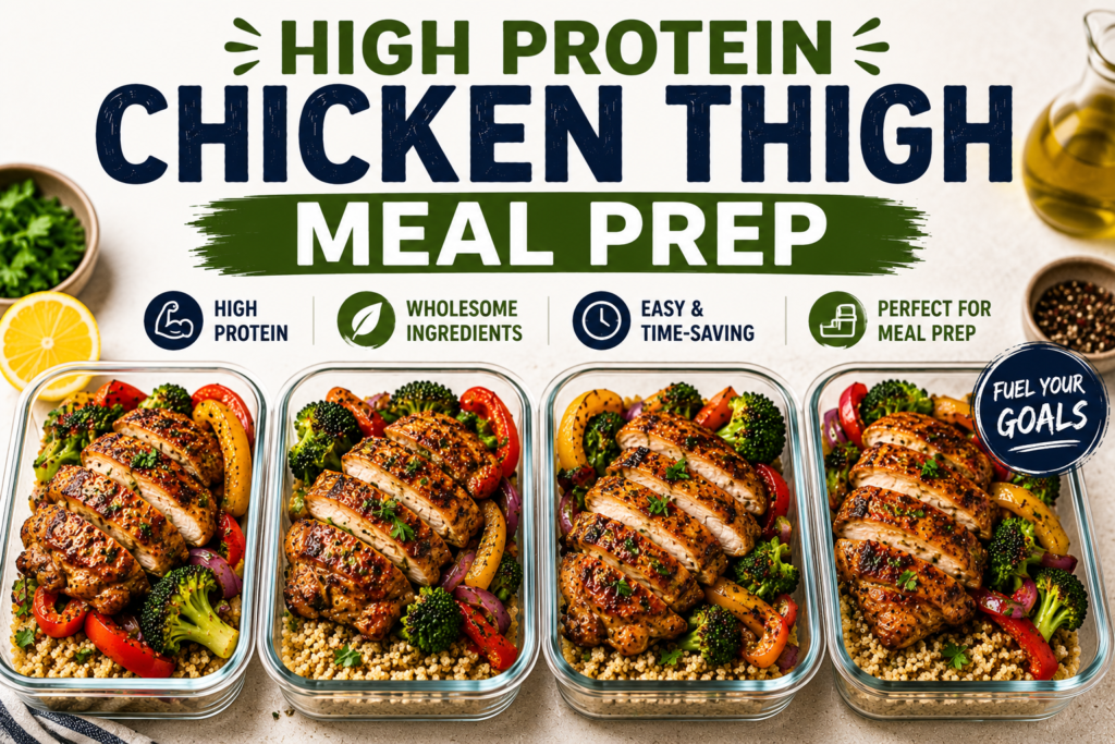High protein chicken thigh meal prep containers with sliced grilled chicken thighs, quinoa, broccoli, bell peppers, fresh herbs, and bold title text at the top.