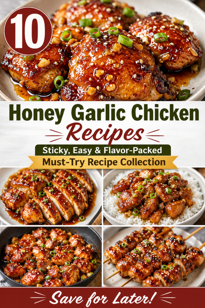 honey garlic chicken Honey garlic chicken recipes Pinterest pin featuring a realistic recipe collection with sticky glazed chicken thighs, honey garlic sauce, sesame seeds, green onions, chicken over rice, skillet chicken, sliced chicken, and chicken skewers.