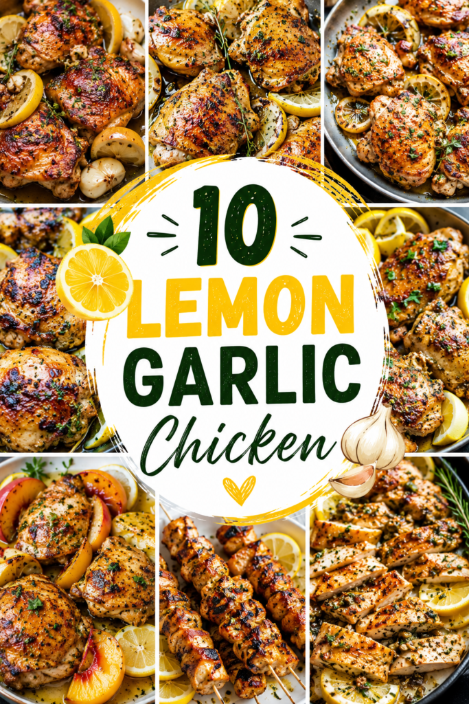 lemon garlic chicken Lemon garlic chicken recipes Pinterest pin featuring 10 realistic recipe ideas with golden chicken thighs, lemon slices, garlic, herbs, chicken skewers, and juicy lemon garlic sauce.