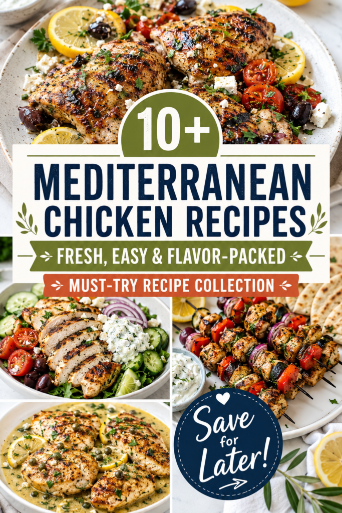 mediterranean chicken recipes Mediterranean chicken recipes Pinterest pin featuring a realistic recipe collection with grilled chicken, lemon chicken, chicken skewers, Greek-style salad, olives, feta, cucumbers, tomatoes, and creamy Mediterranean sauce.
