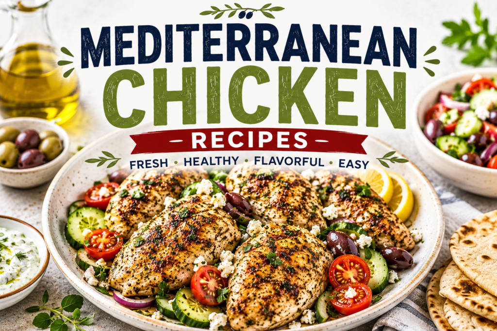 Mediterranean chicken recipes with grilled chicken, cucumber, tomatoes, olives, feta cheese, lemon wedges, fresh herbs, and bold title text at the top.