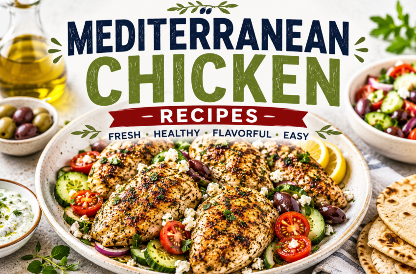 Mediterranean chicken recipes with grilled chicken, cucumber, tomatoes, olives, feta cheese, lemon wedges, fresh herbs, and bold title text at the top.