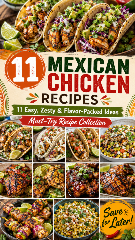 mexican chicken recipes Mexican chicken recipes Pinterest pin featuring 11 easy and flavor-packed recipe ideas, including chicken tacos, grilled chicken thighs, chicken kebabs, Mexican corn salad, and zesty lime chicken dishes.