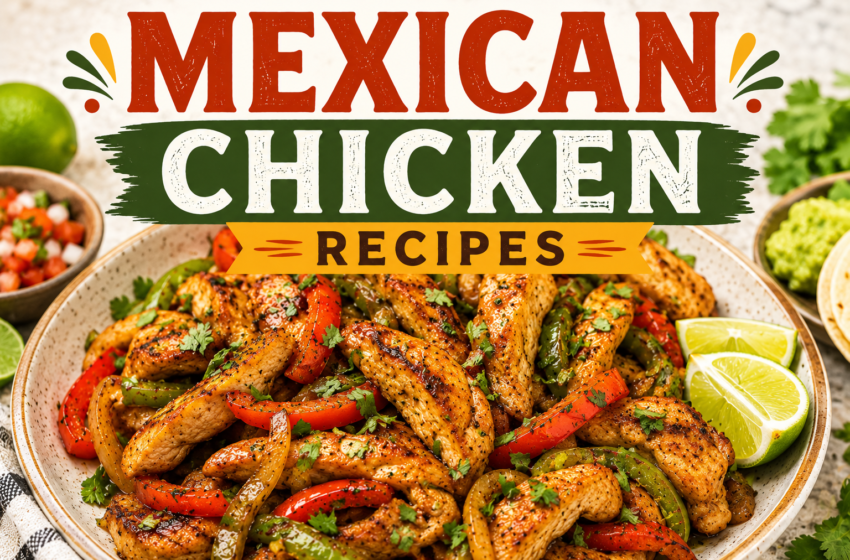 Mexican chicken with seasoned chicken strips, red and green bell peppers, lime wedges, cilantro garnish, and the title Mexican Chicken Recipes at the top.