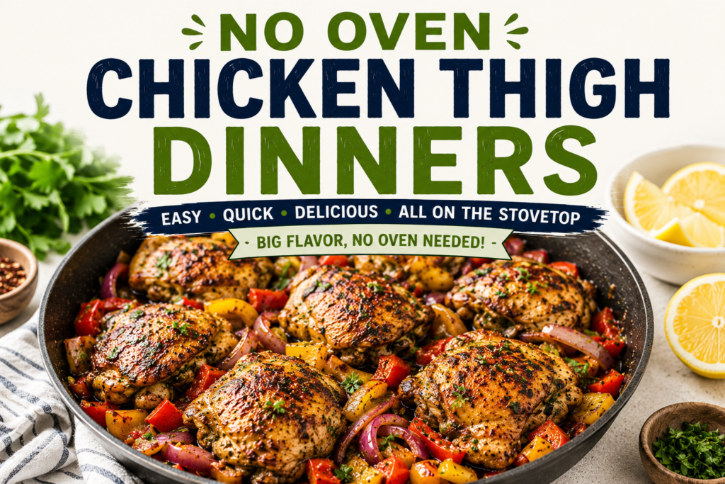 No oven chicken thigh dinners with golden skillet chicken thighs, colorful peppers, onions, lemon slices, fresh herbs, and bold title text at the top.