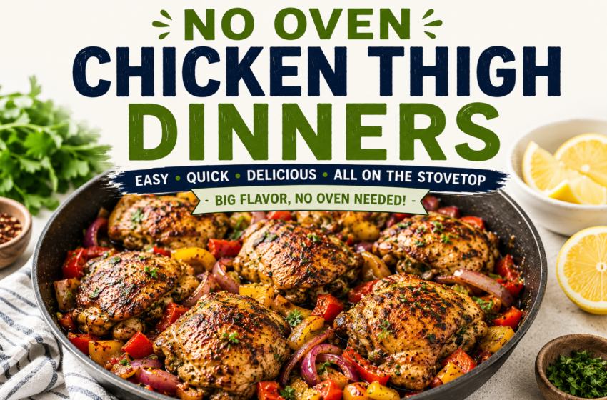 No oven chicken thigh dinners with golden skillet chicken thighs, colorful peppers, onions, lemon slices, fresh herbs, and bold title text at the top.