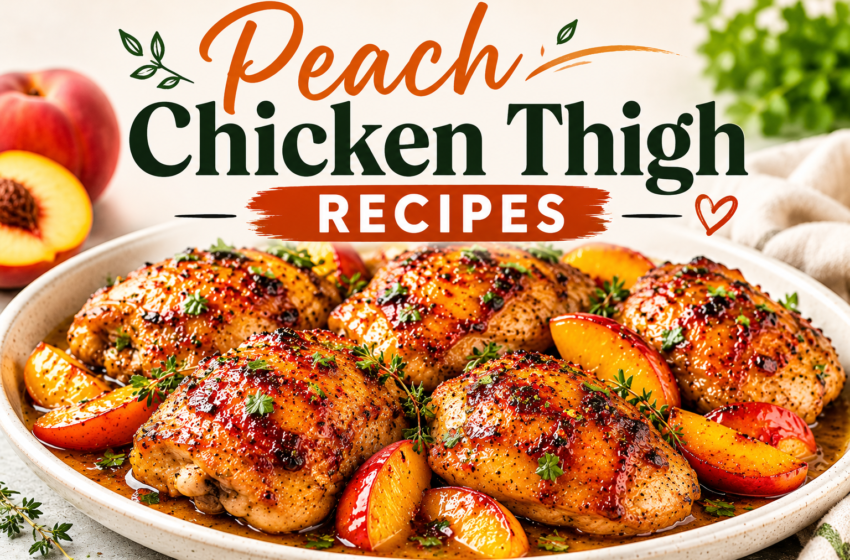 Peach chicken thighs with glossy golden glaze, fresh peach slices, herb garnish, and the title Peach Chicken Thigh Recipes at the top.