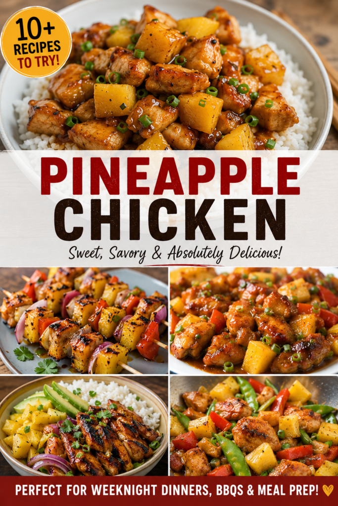 Pineapple chicken recipes Pinterest pin featuring a realistic collection of sweet and savory pineapple chicken dishes, including glazed chicken over rice, pineapple chicken kabobs, grilled chicken bowls, and stir-fry dinner ideas.