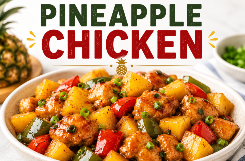Pineapple chicken with glossy sauce, pineapple chunks, red and green bell peppers, green onion garnish, and the title Pineapple Chicken at the top.