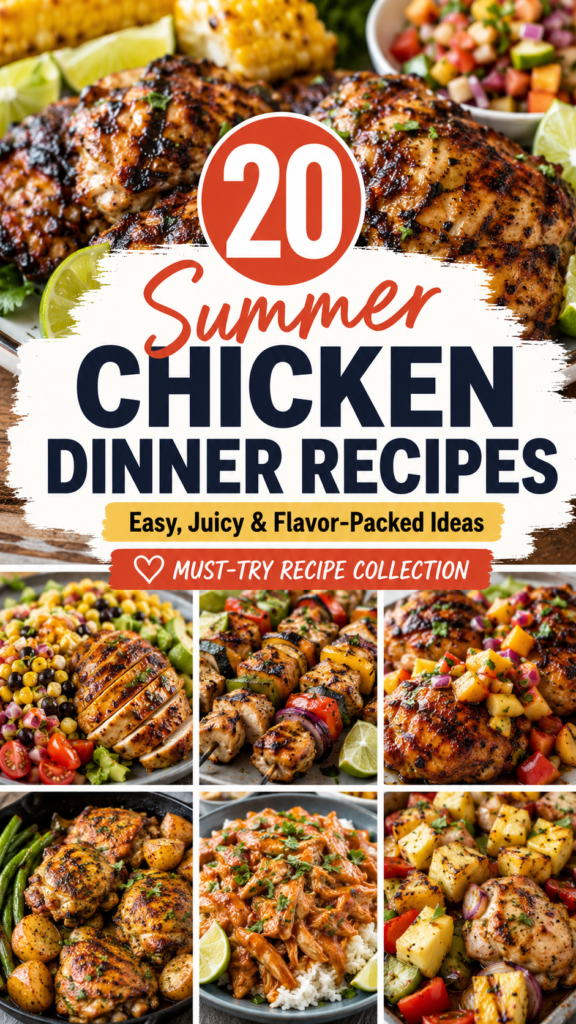 summer chicken recipes dinners Pinterest pin for summer chicken dinner recipes featuring 20 easy and juicy meal ideas, including grilled chicken, chicken kebabs, corn salad chicken, peach salsa chicken, slow cooker chicken, and sheet pan chicken dinners.
